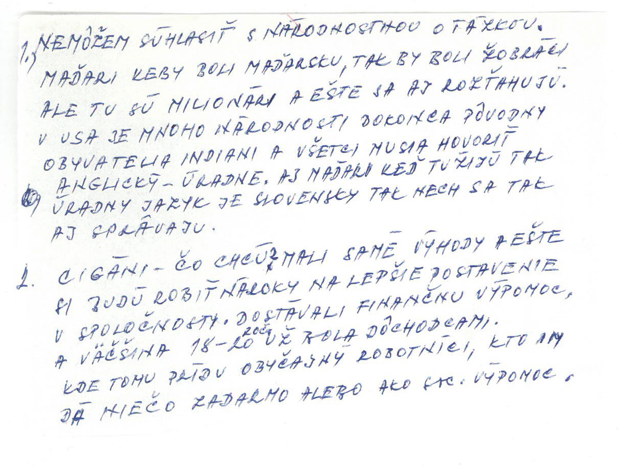 List pre anketu v časopise Verejnosť. 1990. Archív Fedora Gála